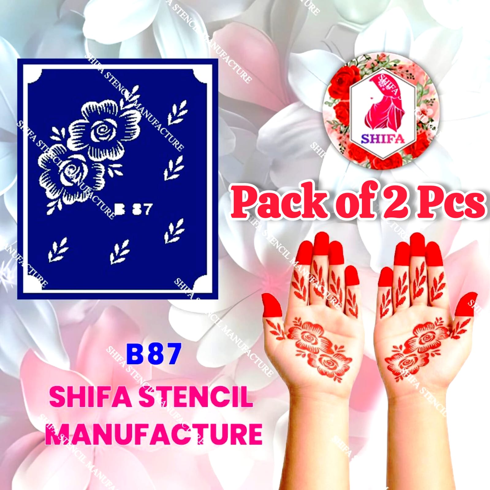 B87 (age 5 to 10) Rose Harmony Trail Double Hand Henna Stencil - Shifa Stencil
